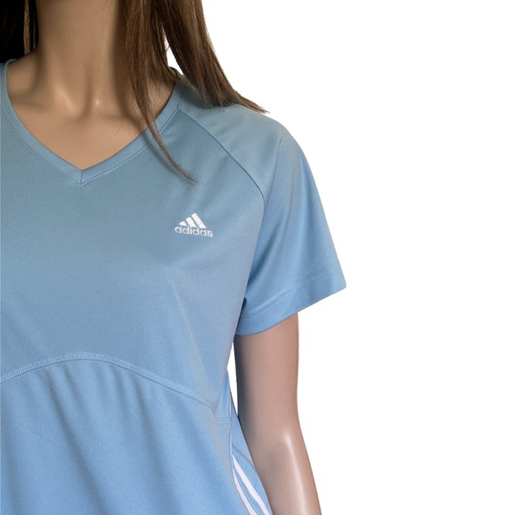 Adidas 3 Stripe Fitness Top Shirt Pullover V-Neck Baby Blue Yoga Gym Active Wear - Picture 7 of 12